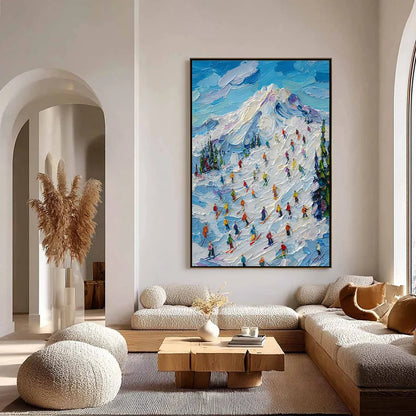 ALPINE RUSH: Textured Palette Knife Ski Mountain Painting | gold frame stretched on neutral wall