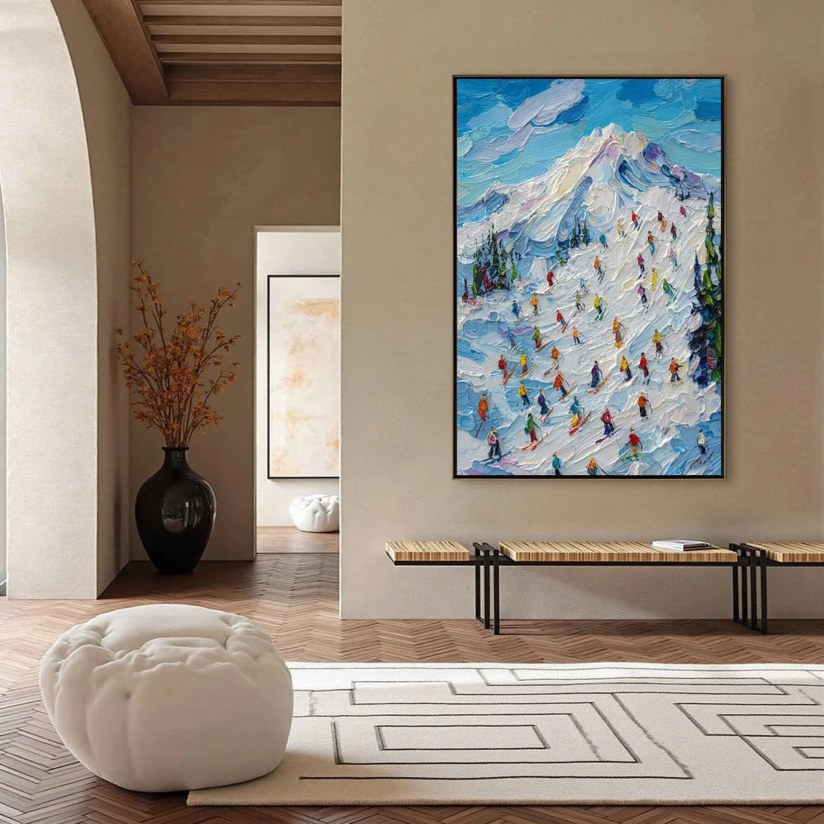 ALPINE RUSH: Textured Palette Knife Ski Mountain Painting | black frame version on white wall