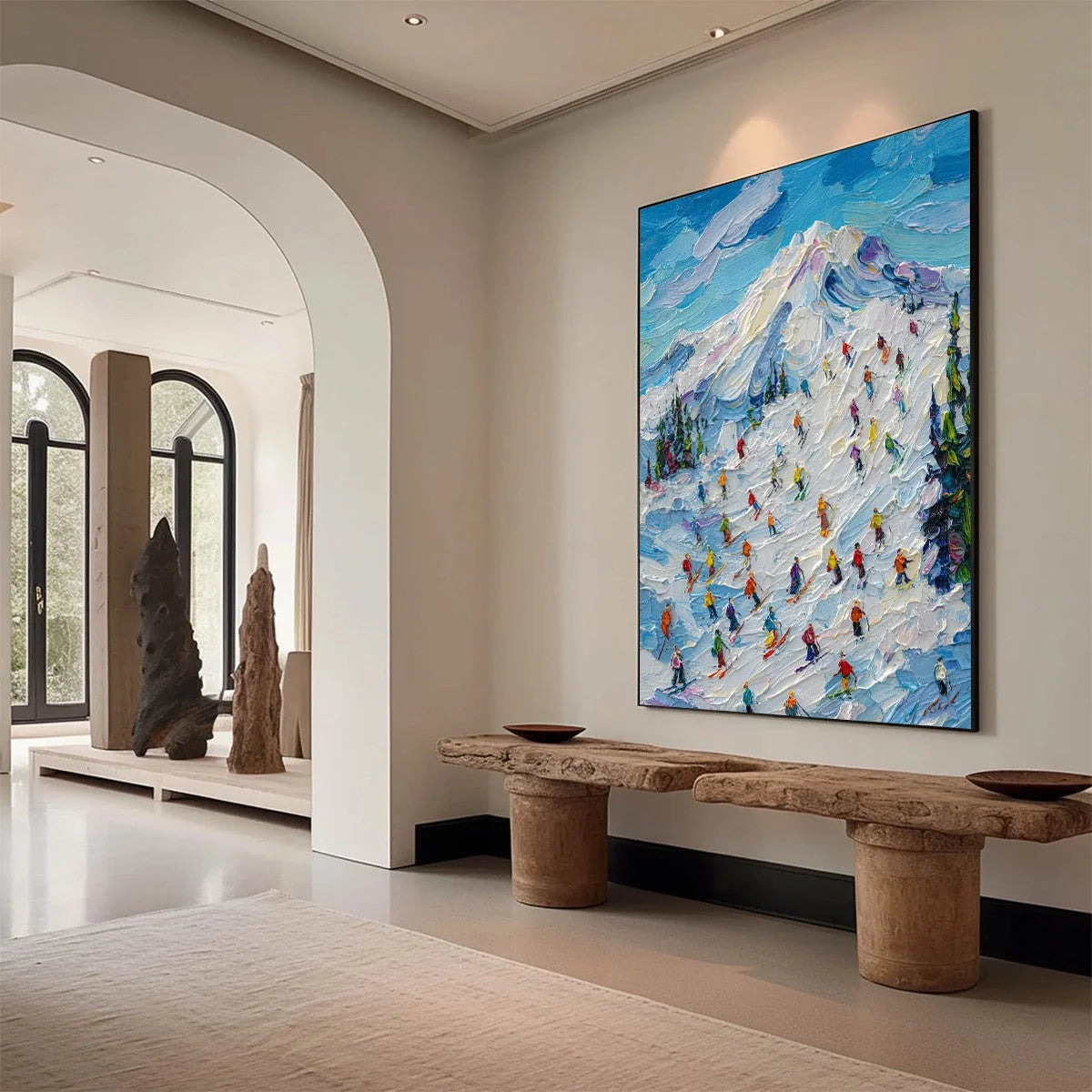 ALPINE RUSH: Textured Palette Knife Ski Mountain Painting | palette knife mood, soft natural light studio shot