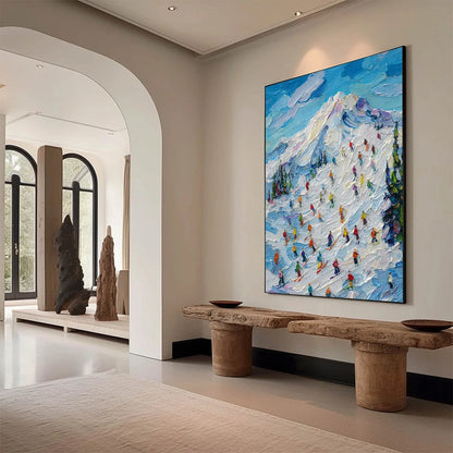 ALPINE RUSH: Textured Palette Knife Ski Mountain Painting | palette knife mood, soft natural light studio shot