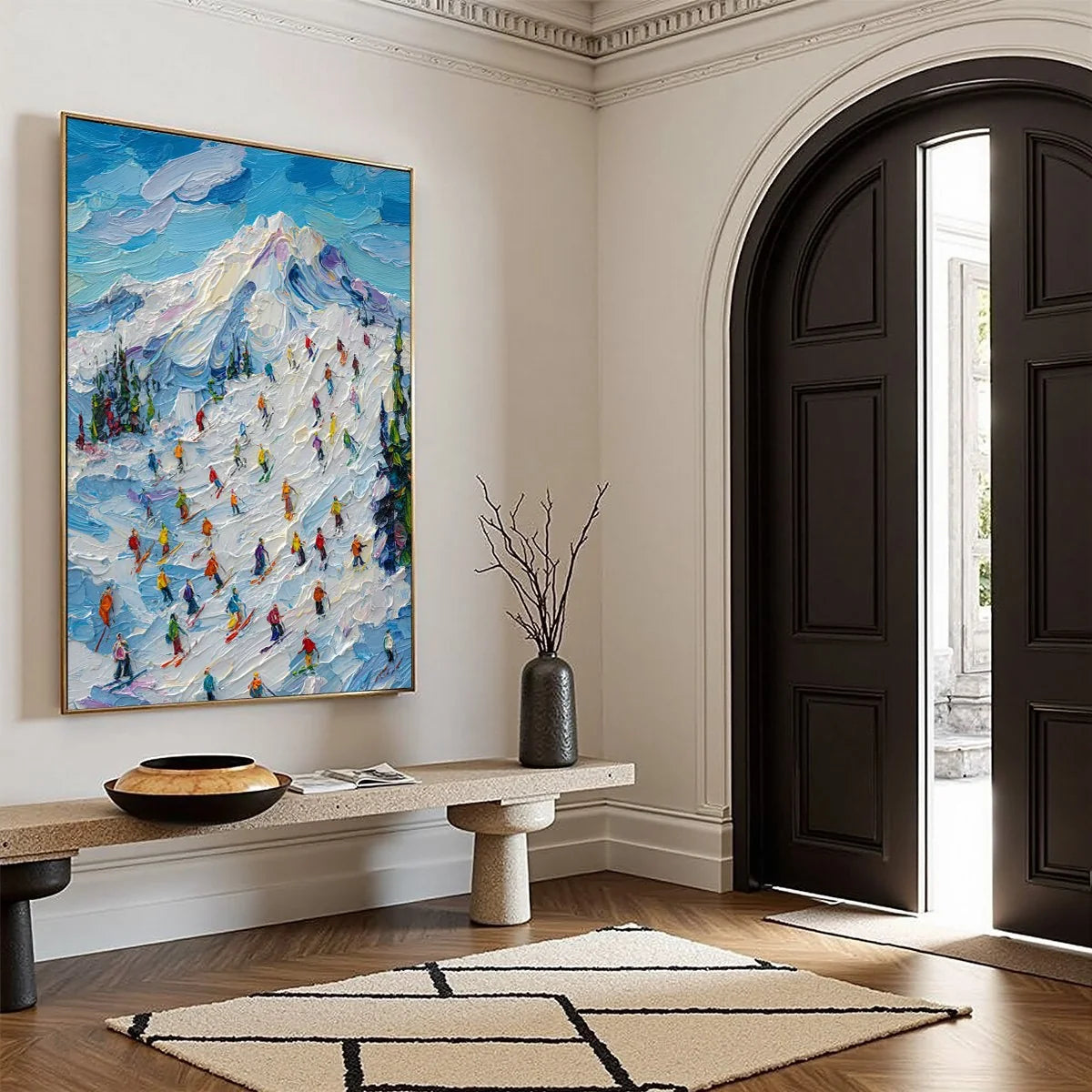 ALPINE RUSH: Textured Palette Knife Ski Mountain Painting | multi palette, original office art