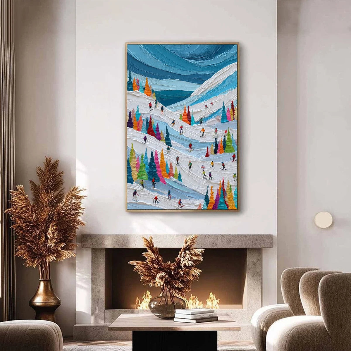 ALPINE RUSH: Vibrant Textured Ski Slope Painting | textured closeup, raised brushwork detail