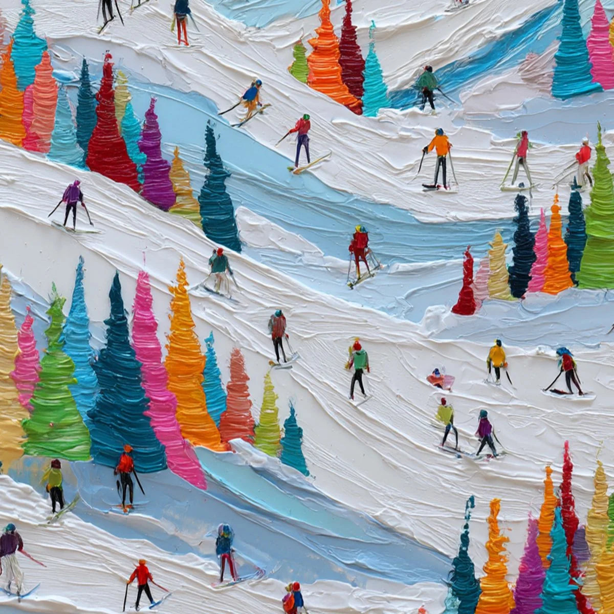 ALPINE RUSH: Vibrant Textured Ski Slope Painting | rectangular format, hand-painted canvas edge