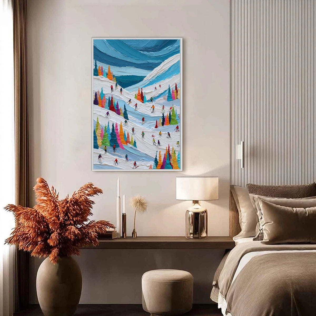 ALPINE RUSH: Vibrant Textured Ski Slope Painting | gold frame stretched on neutral wall