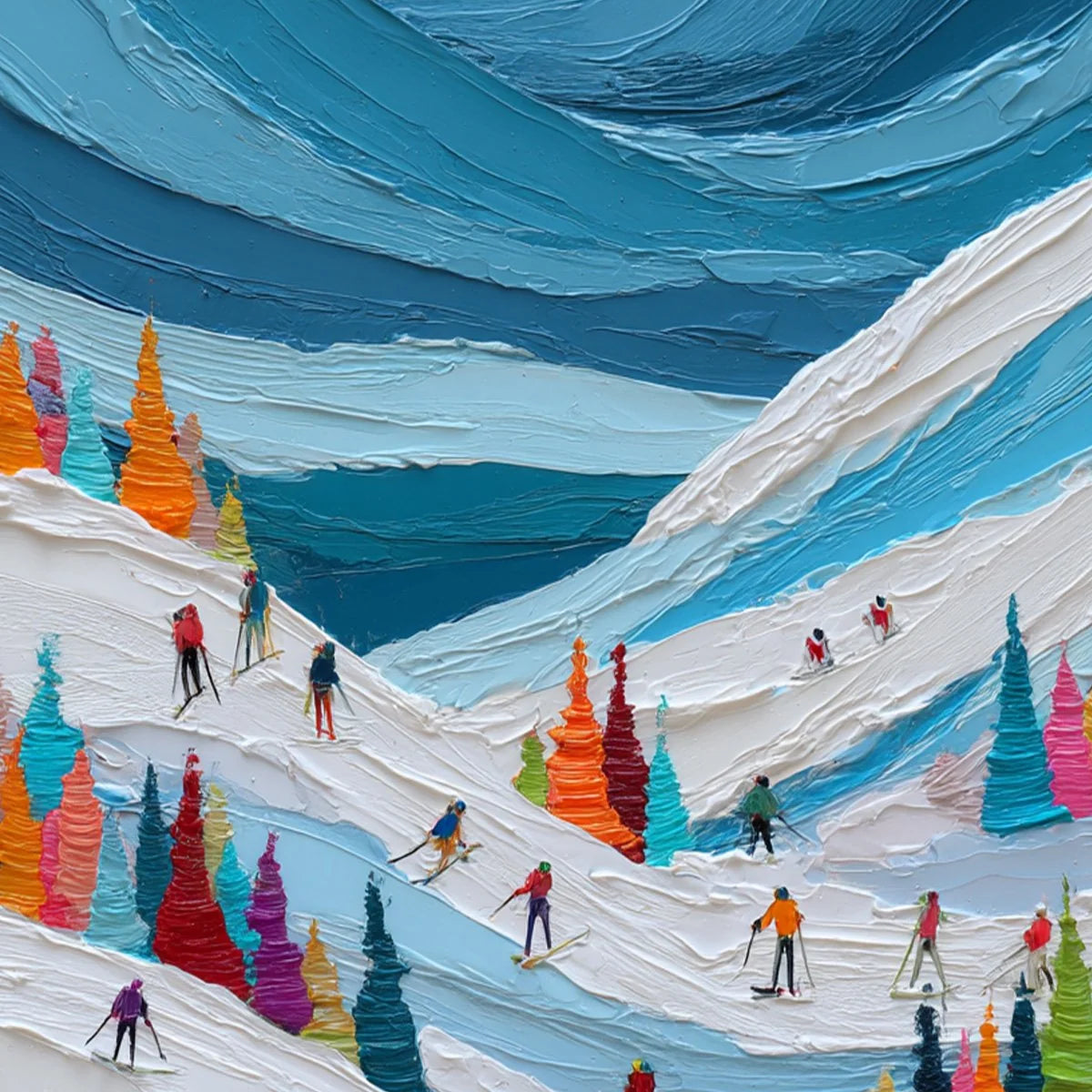 ALPINE RUSH: Vibrant Textured Ski Slope Painting | black frame version on white wall