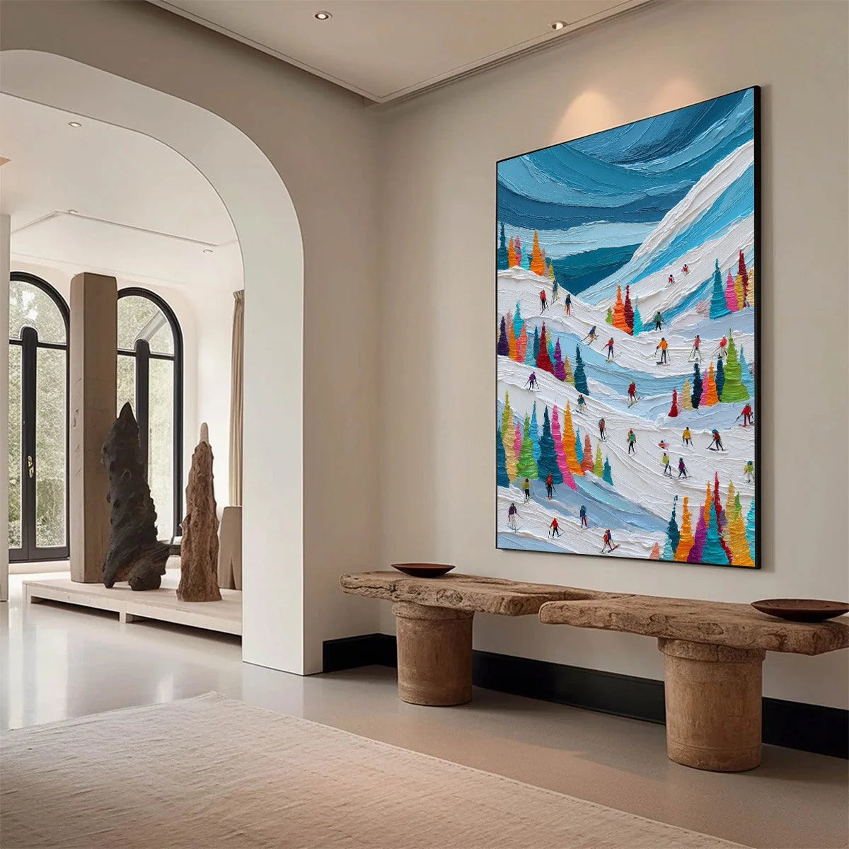ALPINE RUSH: Vibrant Textured Ski Slope Painting | textured mood, soft natural light studio shot