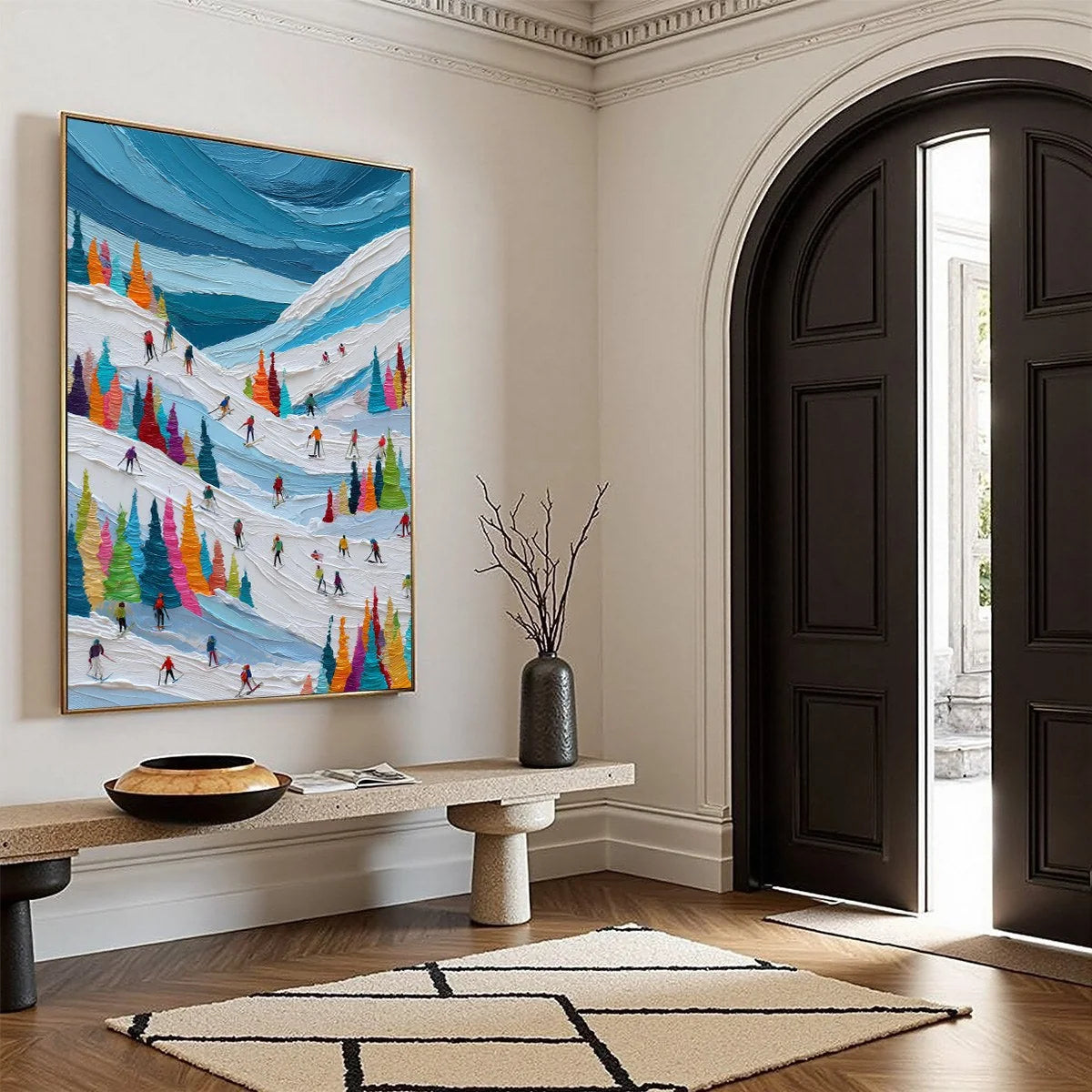 ALPINE RUSH: Vibrant Textured Ski Slope Painting | colorful palette, original office art