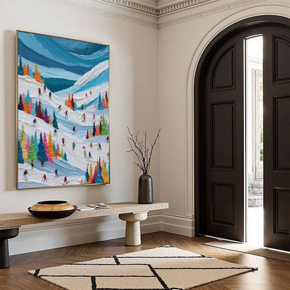 ALPINE RUSH: Vibrant Textured Ski Slope Painting | colorful palette, original office art