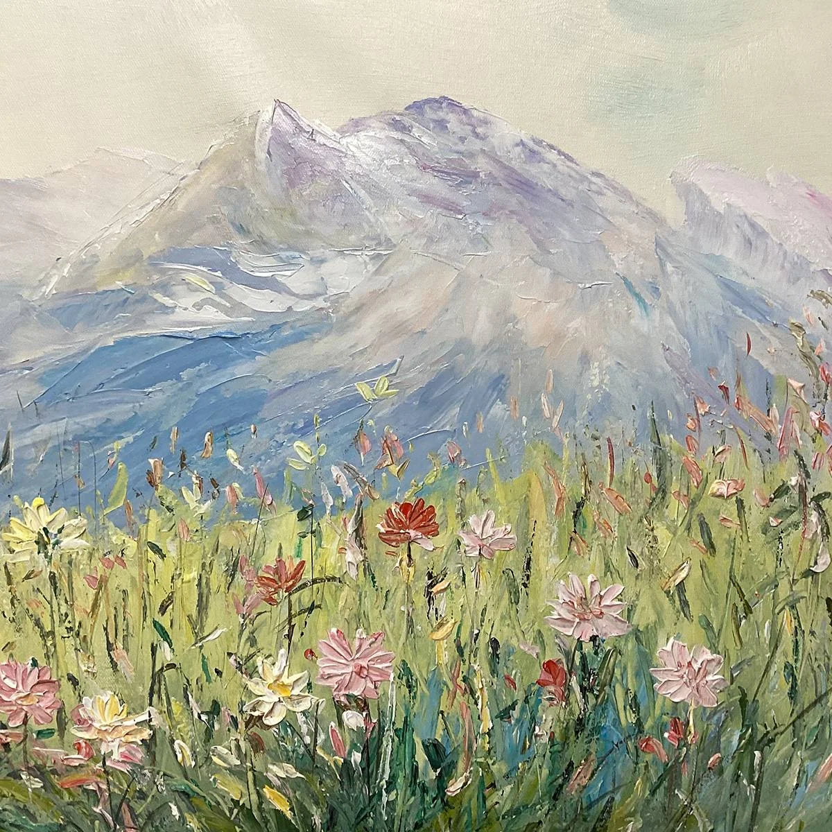 ALPINE SERENITY: Impressionist Mountain Meadow Landscape Painting | rectangular format, hand-painted canvas edge