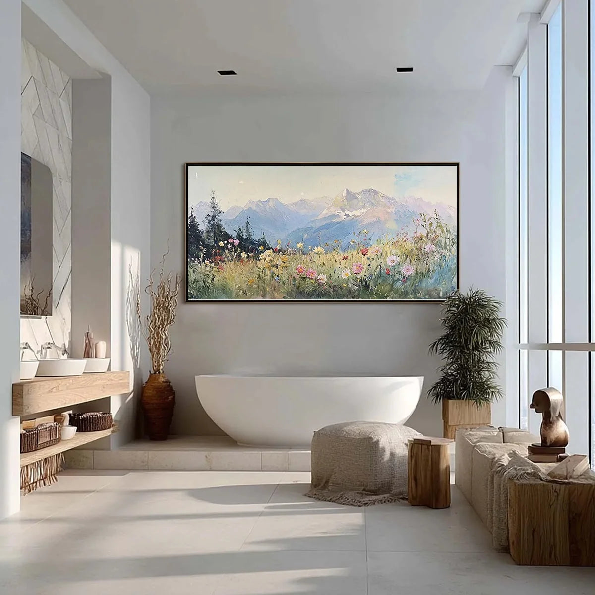 ALPINE SERENITY: Impressionist Mountain Meadow Landscape Painting | gold frame stretched on neutral wall