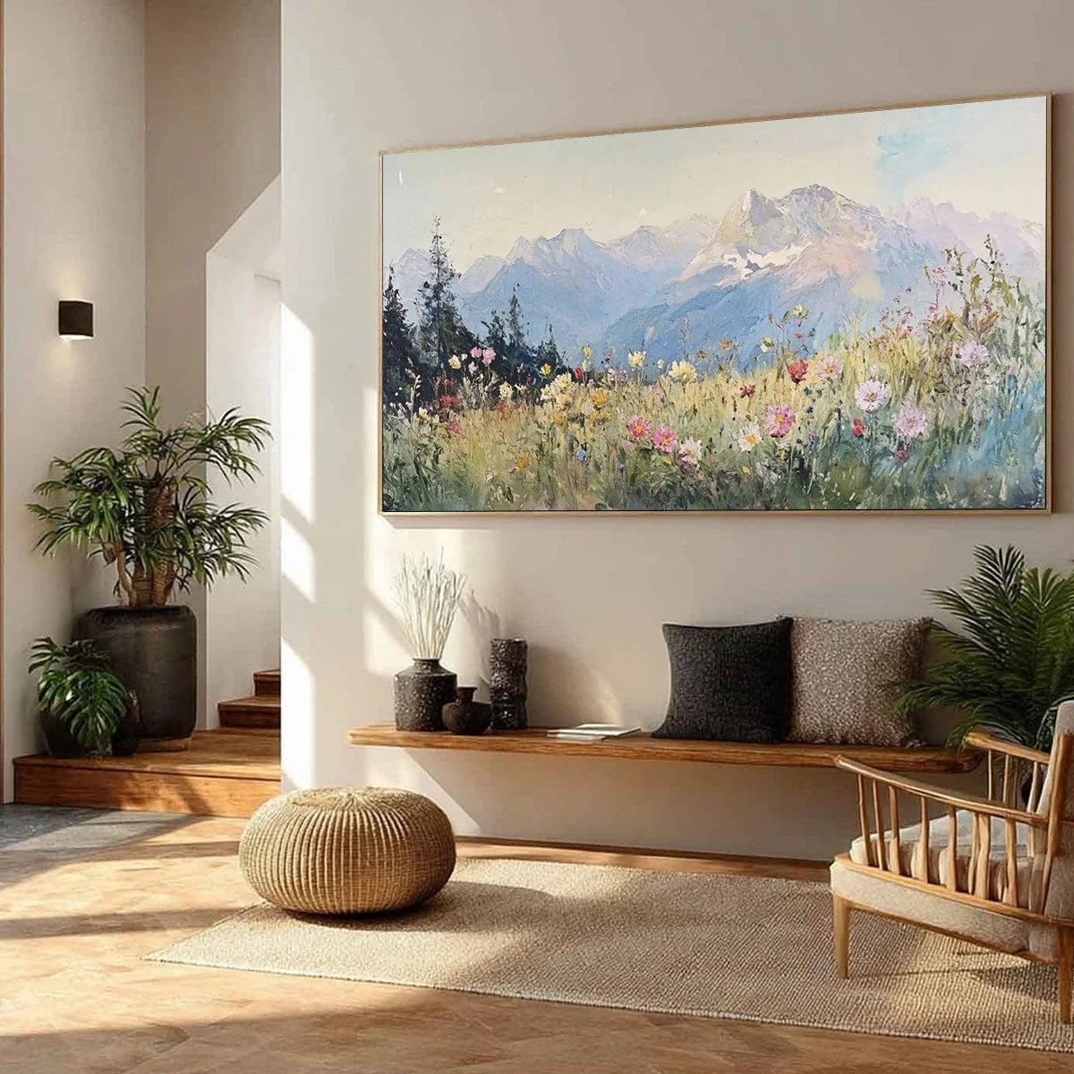 ALPINE SERENITY: Impressionist Mountain Meadow Landscape Painting | rolled canvas, ready for custom framing
