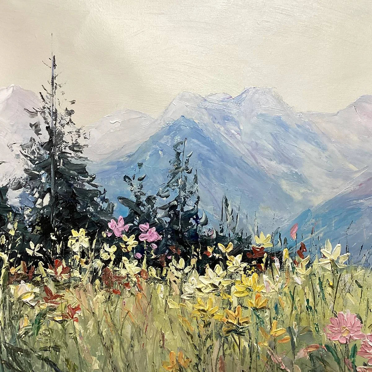 ALPINE SERENITY: Impressionist Mountain Meadow Landscape Painting | black frame version on white wall