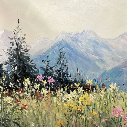 ALPINE SERENITY: Impressionist Mountain Meadow Landscape Painting | black frame version on white wall