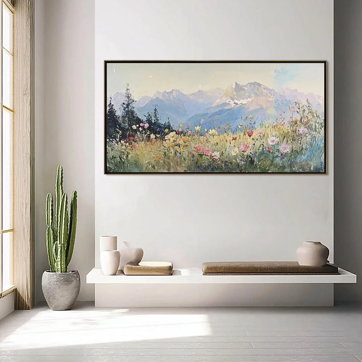 ALPINE SERENITY: Impressionist Mountain Meadow Landscape Painting | impressionist mood, soft natural light studio shot