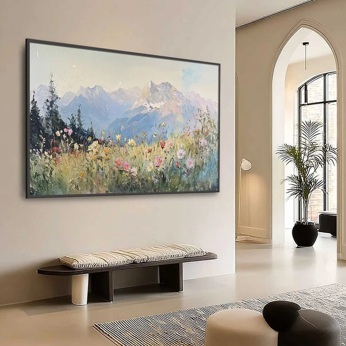 ALPINE SERENITY: Impressionist Mountain Meadow Landscape Painting | multi palette, original bedroom art