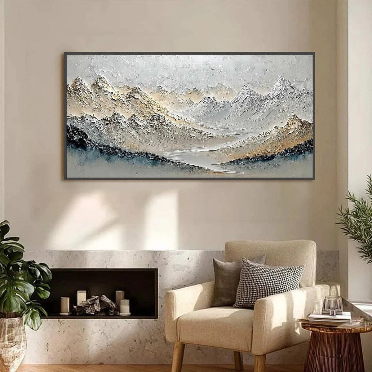 ALPINE SERENITY: Textured Wabi Sabi Mountain Landscape Painting | wabi sabi closeup, raised brushwork detail