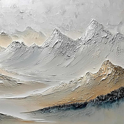 ALPINE SERENITY: Textured Wabi Sabi Mountain Landscape Painting | gold frame stretched on neutral wall