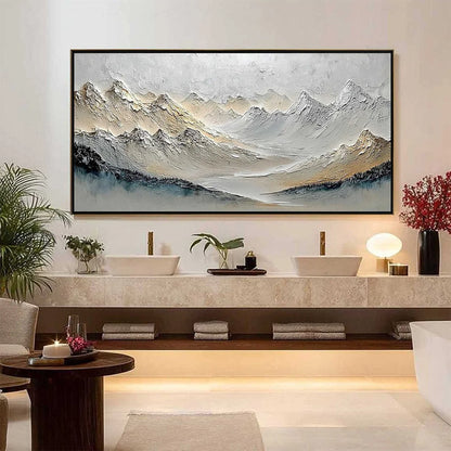 ALPINE SERENITY: Textured Wabi Sabi Mountain Landscape Painting | black frame version on white wall