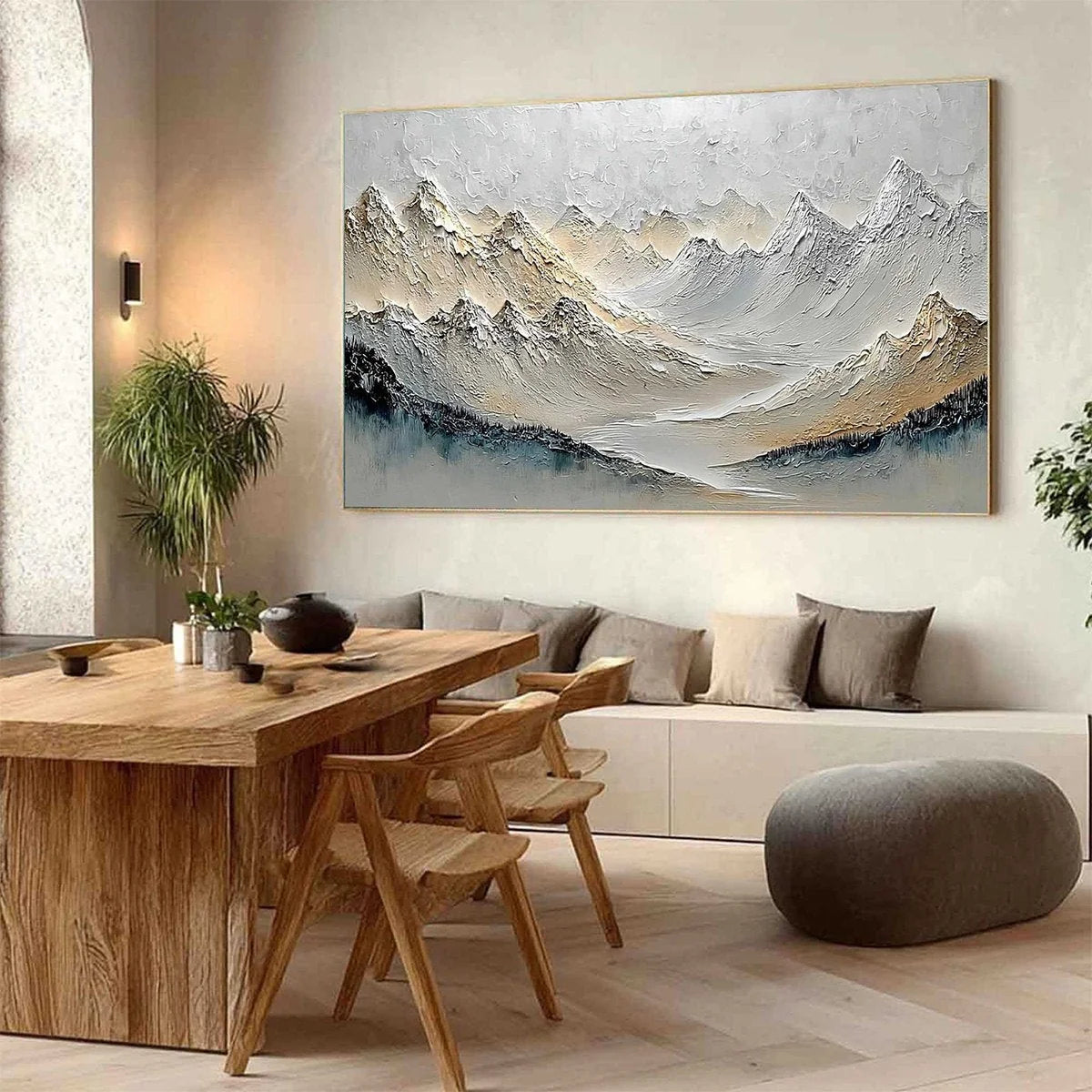 ALPINE SERENITY: Textured Wabi Sabi Mountain Landscape Painting | wabi sabi mood, soft natural light studio shot