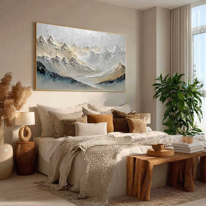 ALPINE SERENITY: Textured Wabi Sabi Mountain Landscape Painting | multi palette, original bedroom art