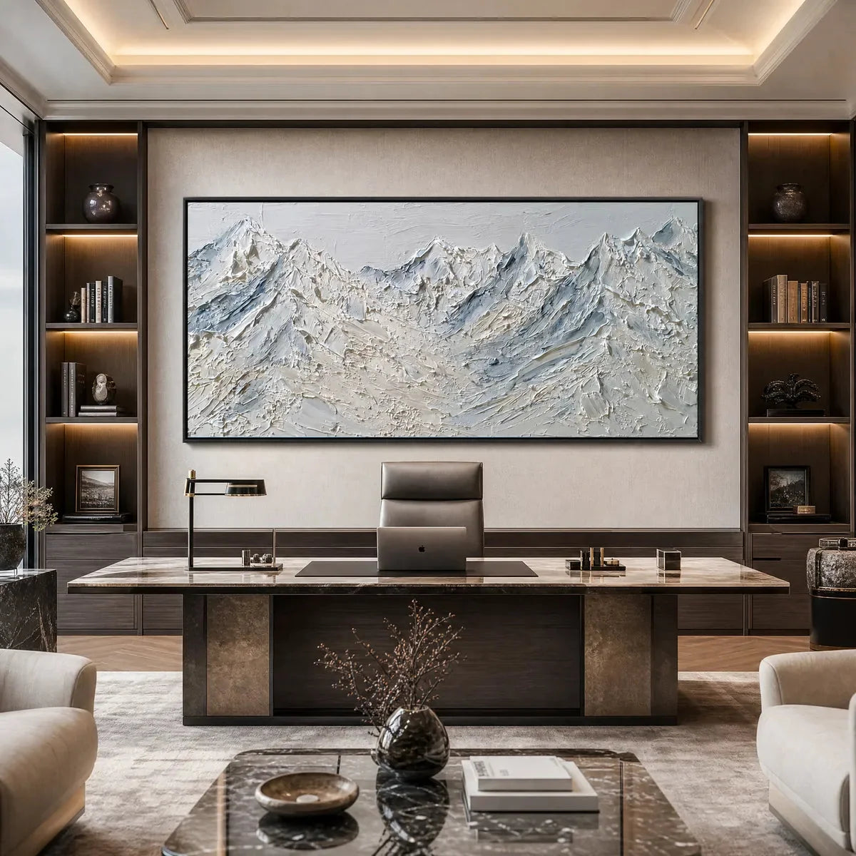 Alpine Serenity White Textured Mountain Landscape Oil Painting | textured closeup, raised brushwork detail