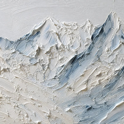 Alpine Serenity White Textured Mountain Landscape Oil Painting | rectangular format, hand-painted canvas edge