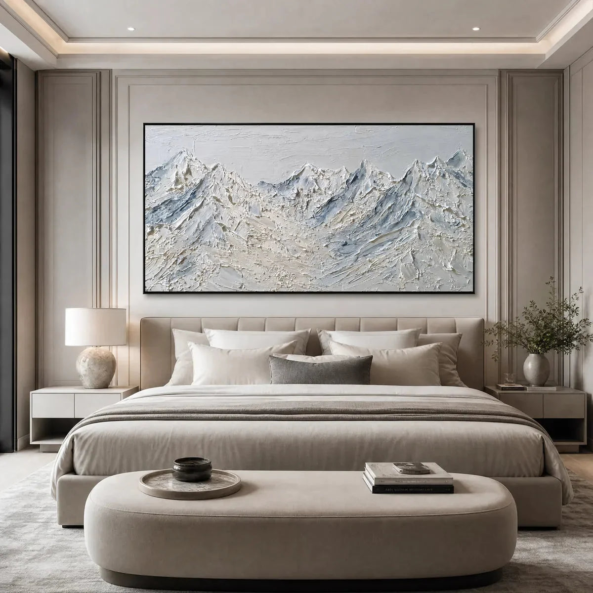 Alpine Serenity White Textured Mountain Landscape Oil Painting | gold frame stretched on neutral wall