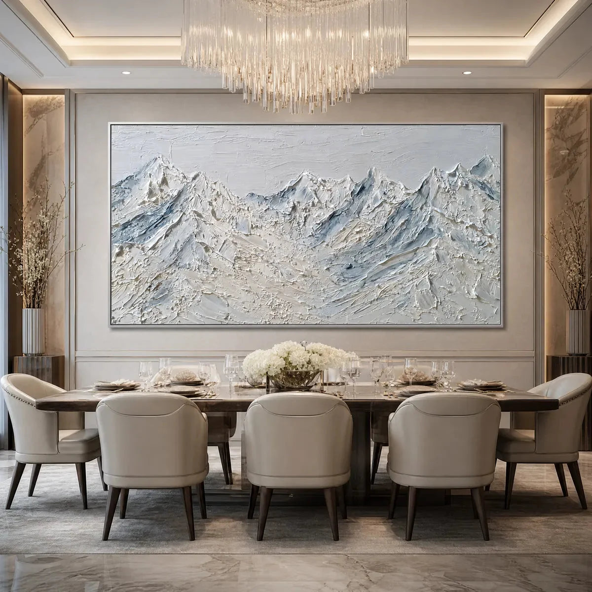 Alpine Serenity White Textured Mountain Landscape Oil Painting | black frame version on white wall