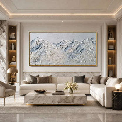 Alpine Serenity White Textured Mountain Landscape Oil Painting | textured mood, soft natural light studio shot