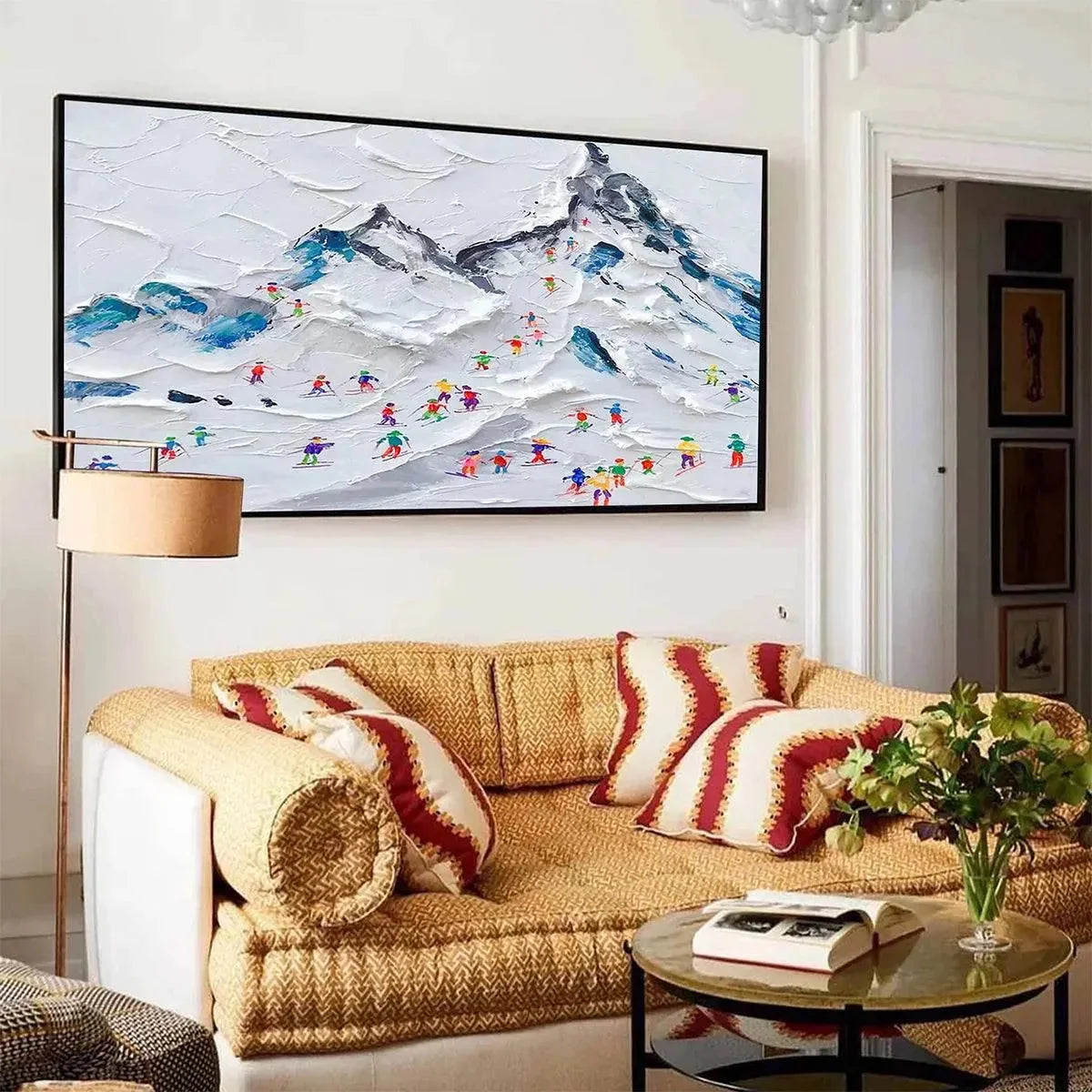 ALPINE SKI DAY: Sports Painting, Winter Decor, Impasto, Textured Wall Art | gold frame stretched on neutral wall