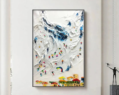 ALPINE SKI DAY: Textured Ski Scene Painting, Vertical Wall Art | textured closeup, raised brushwork detail