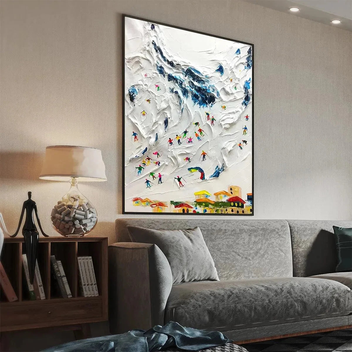 ALPINE SKI DAY: Textured Ski Scene Painting, Vertical Wall Art | rectangular format, hand-painted canvas edge