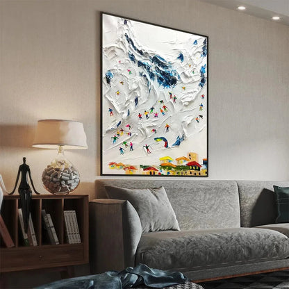 ALPINE SKI DAY: Textured Ski Scene Painting, Vertical Wall Art | rectangular format, hand-painted canvas edge