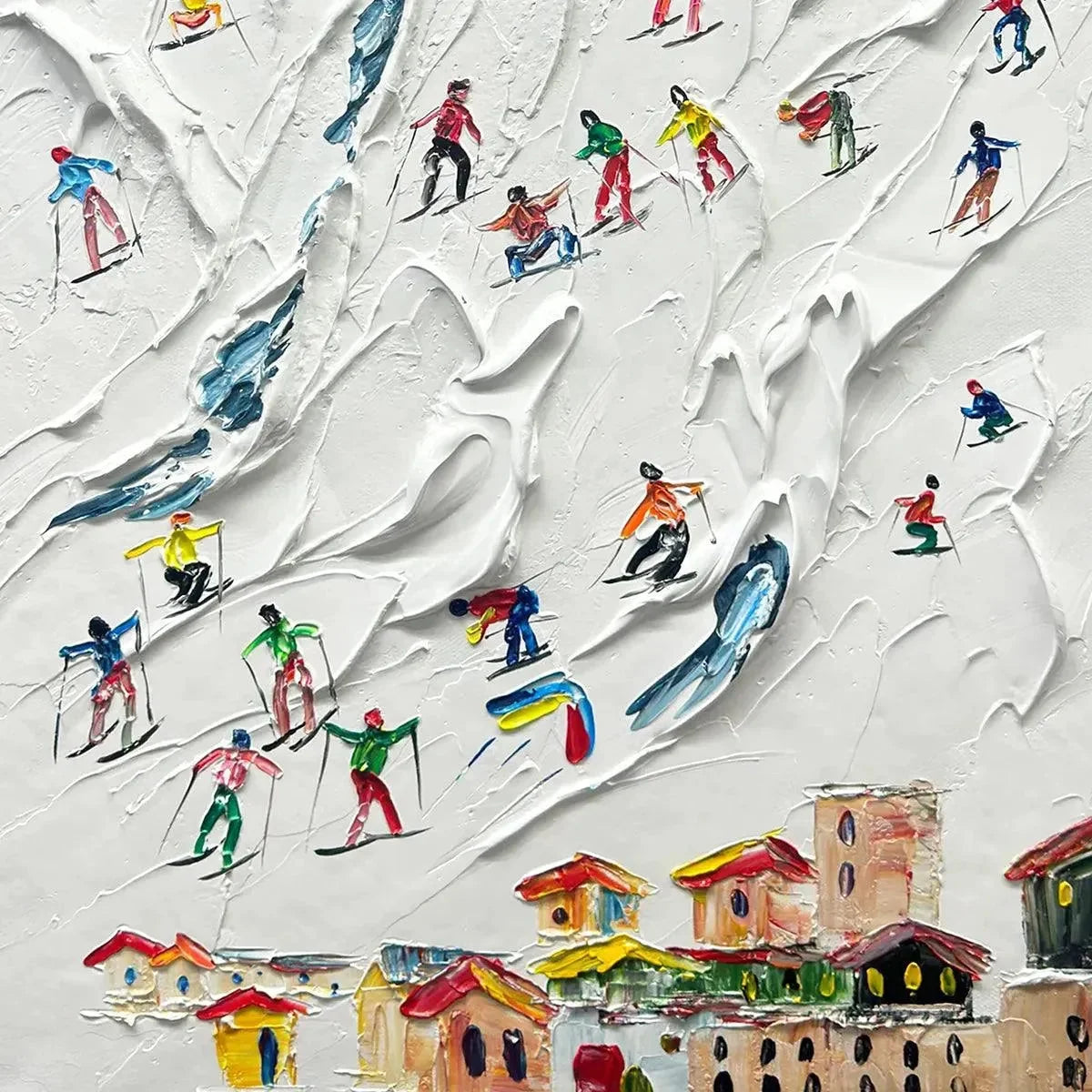 ALPINE SKI DAY: Textured Ski Scene Painting, Vertical Wall Art | gold frame stretched on neutral wall