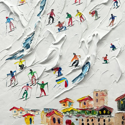 ALPINE SKI DAY: Textured Ski Scene Painting, Vertical Wall Art | gold frame stretched on neutral wall