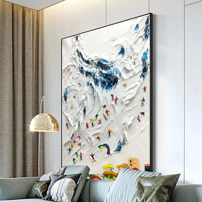 ALPINE SKI DAY: Textured Ski Scene Painting, Vertical Wall Art | rolled canvas, ready for custom framing