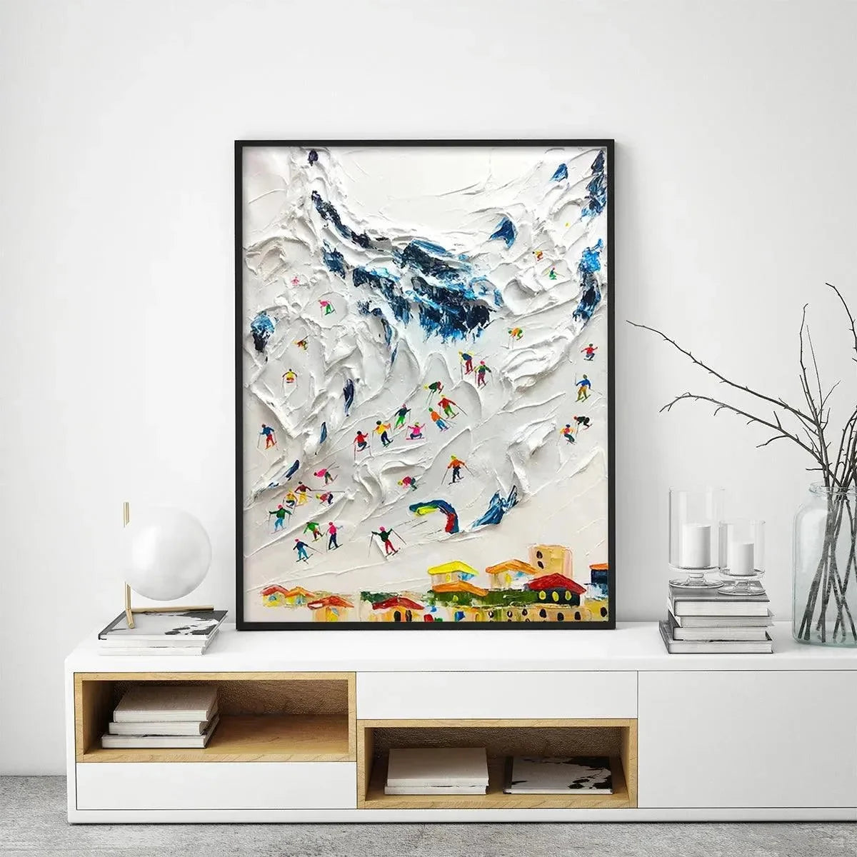 ALPINE SKI DAY: Textured Ski Scene Painting, Vertical Wall Art | black frame version on white wall
