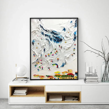 ALPINE SKI DAY: Textured Ski Scene Painting, Vertical Wall Art | black frame version on white wall