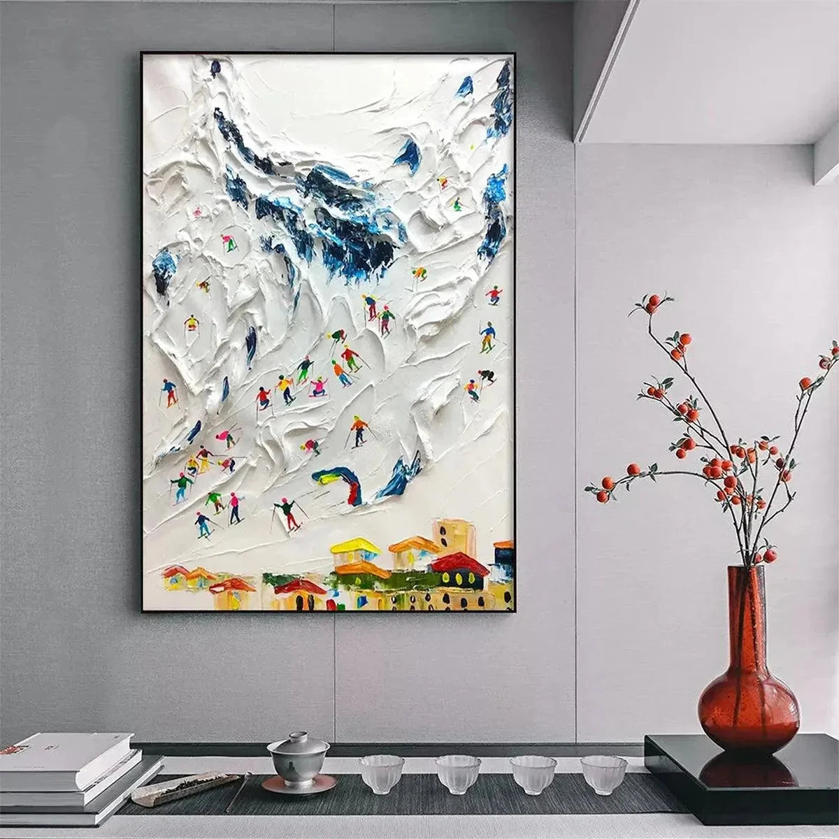 ALPINE SKI DAY: Textured Ski Scene Painting, Vertical Wall Art | textured mood, soft natural light studio shot