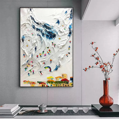 ALPINE SKI DAY: Textured Ski Scene Painting, Vertical Wall Art | textured mood, soft natural light studio shot