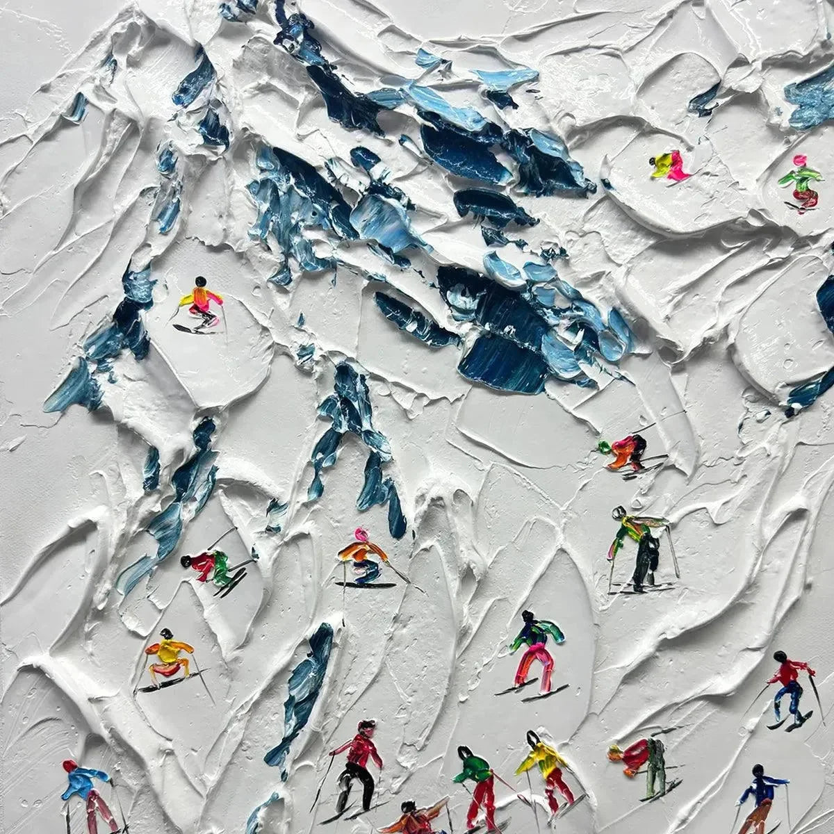 ALPINE SKI DAY: Textured Ski Scene Painting, Vertical Wall Art | multi palette, original office art
