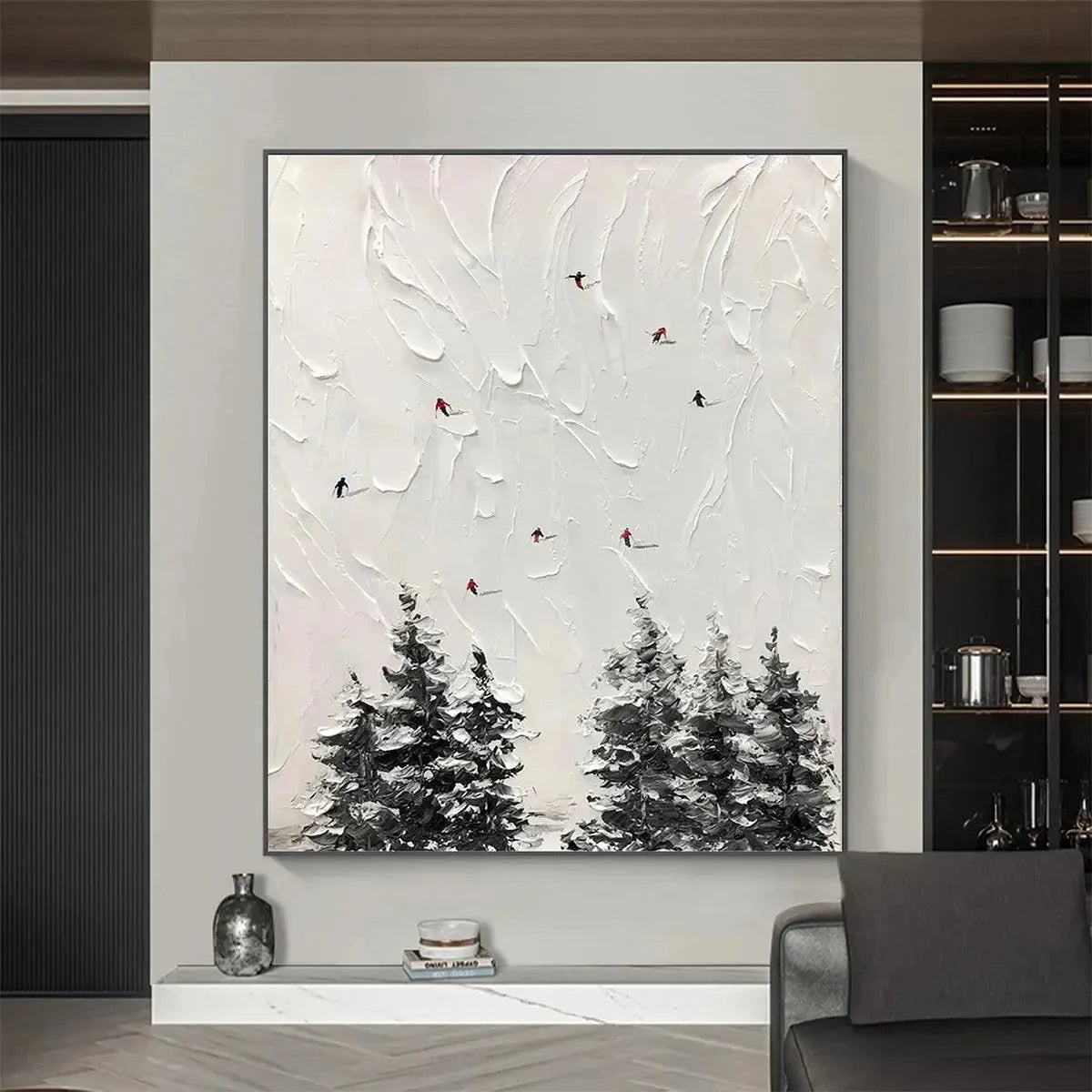ALPINE SKI: Textured Minimalist Ski Scene Painting in Black and White | minimalist closeup, raised brushwork detail
