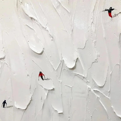 ALPINE SKI: Textured Minimalist Ski Scene Painting in Black and White | rectangular format, hand-painted canvas edge