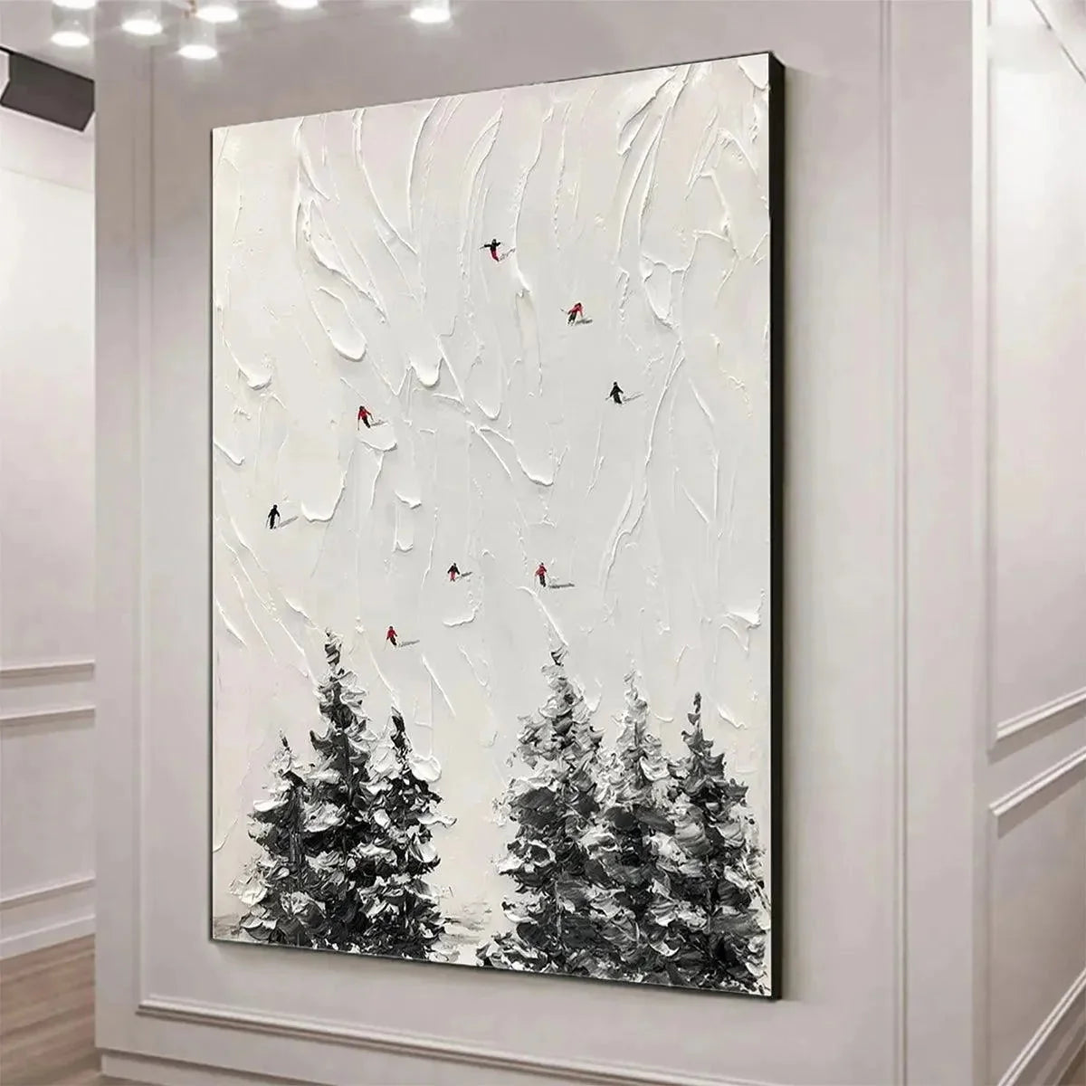 ALPINE SKI: Textured Minimalist Ski Scene Painting in Black and White | gold frame stretched on neutral wall