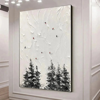 ALPINE SKI: Textured Minimalist Ski Scene Painting in Black and White | gold frame stretched on neutral wall