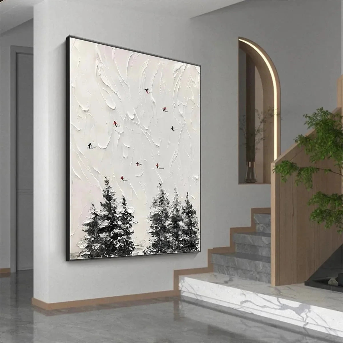 ALPINE SKI: Textured Minimalist Ski Scene Painting in Black and White | rolled canvas, ready for custom framing