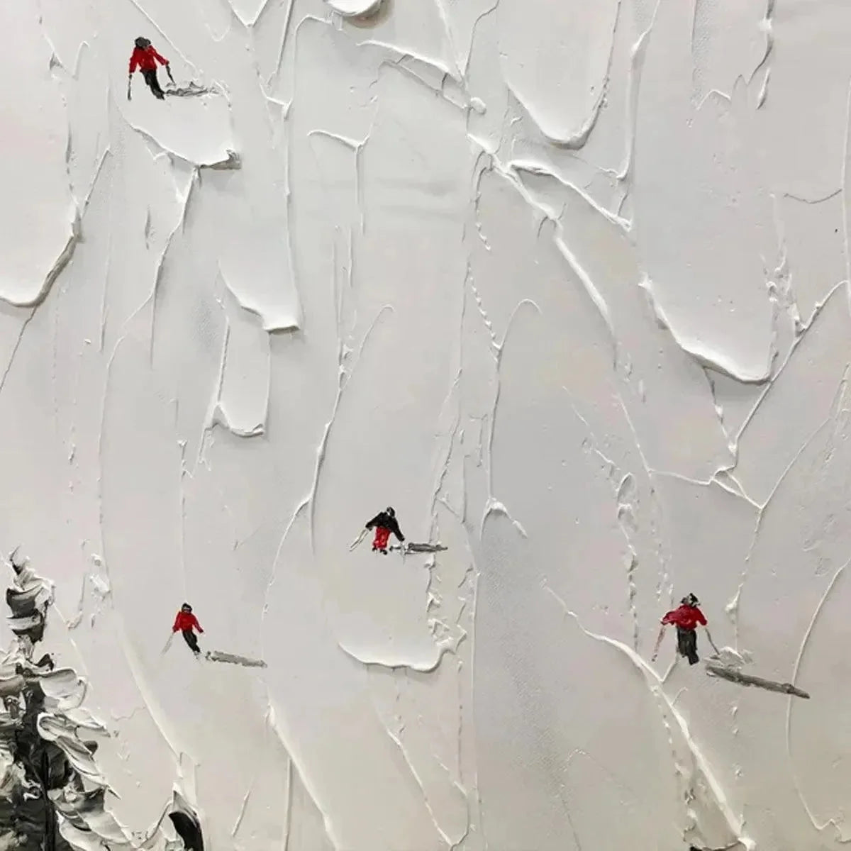 ALPINE SKI: Textured Minimalist Ski Scene Painting in Black and White | black frame version on white wall