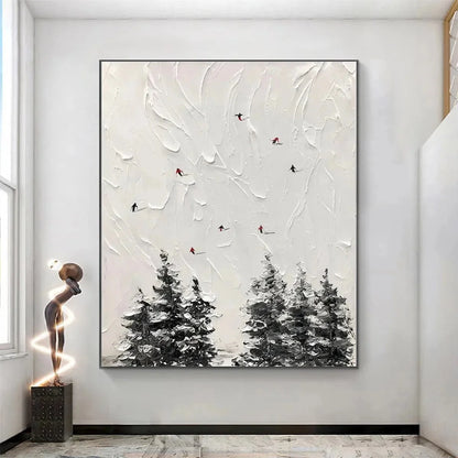 ALPINE SKI: Textured Minimalist Ski Scene Painting in Black and White | minimalist mood, soft natural light studio shot