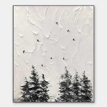 ALPINE SKI: Textured Minimalist Ski Scene Painting in Black and White | hanging in living room, minimalist wall art