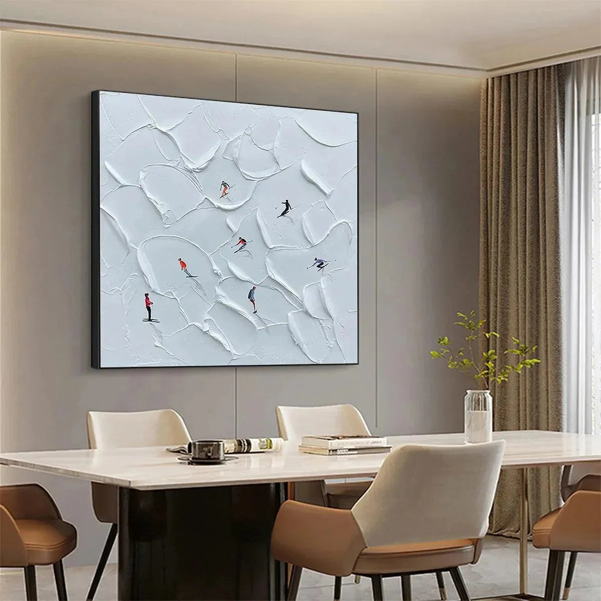 ALPINE SKI: Textured Skiing Painting, Winter Sports Wall Art, Square Canvas, Impasto Decor | black frame version on white wall